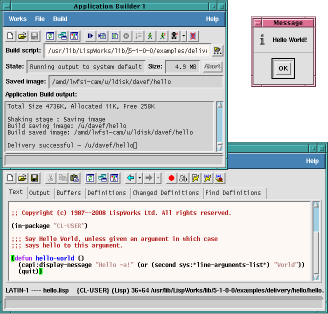 The Application Builder tool with Hello World source code and runtime application on Linux/X11 Motif.