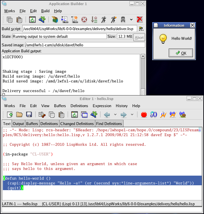 The Application Builder tool with Hello World source code and runtime application on Linux/GTK+.